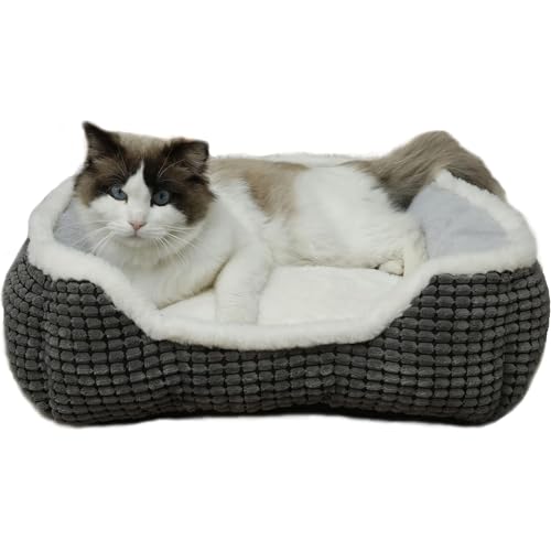 Luxury Square Grey Cat & Dog Bed – Soft Washable Animal Pet Beds with Anti-Slip & Water-Resistant Bottom, Perfect for Indoor Small Dogs & Cats, Kittens & Puppies