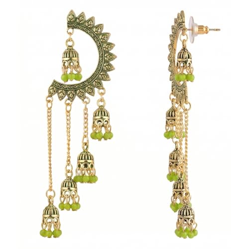 Image of WORLD CRAZE Multicolour long kashmiri jhumka for women chandbali earrings chand baliyan | kashmiri earrings for women | bahubali earrings stylish | Traditional Indian Festive Jewelry | Long Chain Tassels | Pearl Drop Latkan Jewellery (Multi colour)