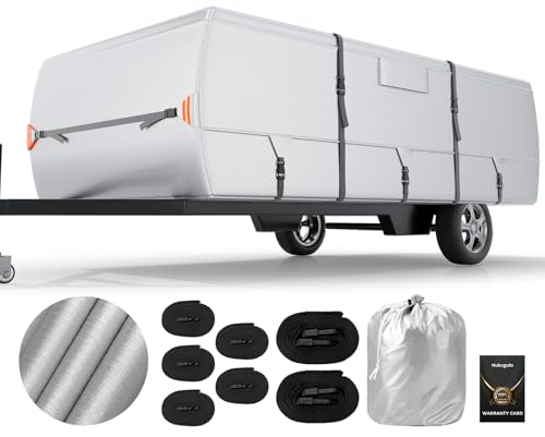 Oxford Fabric Pop Up Folding Camper Cover 8'-10' Super Waterproof Tear-Resistant Anti-UV Tent Trailer Cover for Winter Snow with Reinforced Corners, 5+2 Windproof Straps, Storage Bag