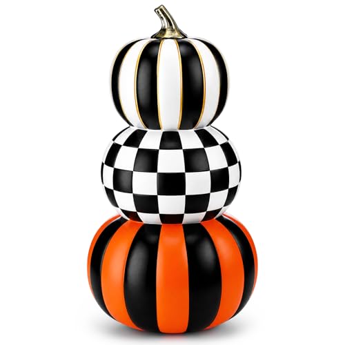 Briwooody 16.9 Inch Stacked Resin Pumpkin Decor 3 Layers Halloween Artificial Fake Pumpkin Tower Black White Checkered Orange Striped Halloween Autumn Decoration for Outdoor Indoor Porch Home Party