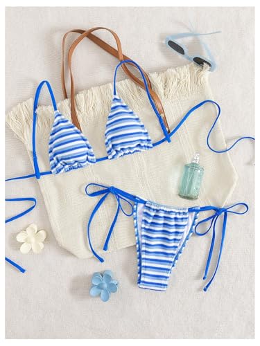 Image of GORGLITTER Women's Striped High Waisted Bikini Sets Cute Cheeky Triangle String Thong Swimsuit Bathing Suit 2 Piece