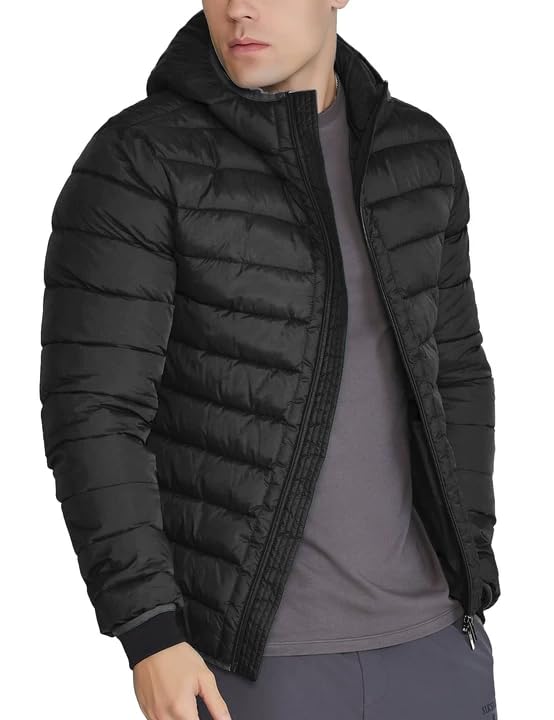 Flygo Mens Lightweight Puffer Jacket Hooded Insulated Winter Jackets Water Resistant Down Bubble Puffy Coats(Black-M)