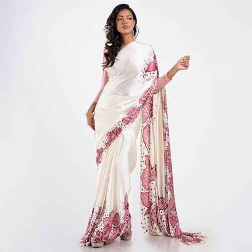 Image of Japan Satin Floral Print Saree for Women with Blouse Piece - Satin Finish Draped Saree