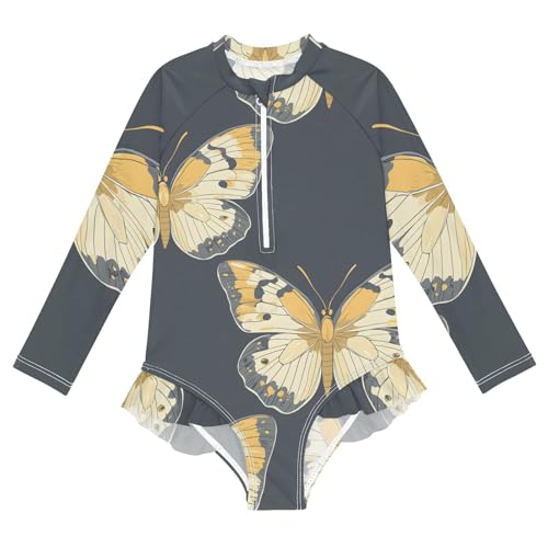 Girls One Piece Swimsuits Long Sleeve Swimsuit Zipper Bathing Suits Butterflies Black Butterfly