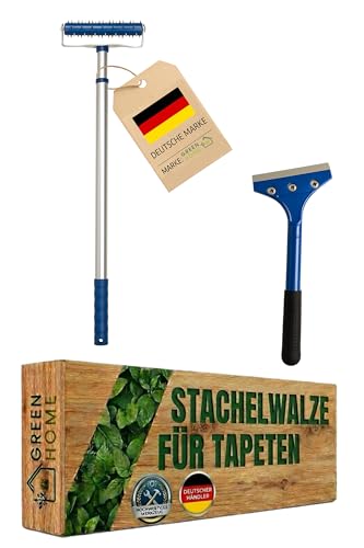 GREEN HOME | Stachelwalze 150×500mm mit Teleskopstiel & Tapetenschaber | Profi Renovierset zum Perforieren & Entfernen von Tapeten | Igelwalze Nagelroller Tapetenigel Stachelroller