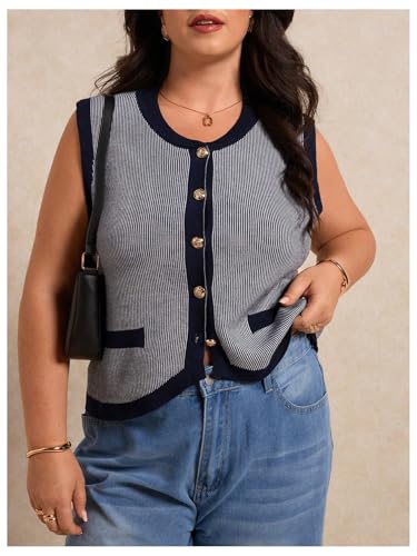 Verdusa Women's Plus Size Striped Button Down Sweater Vest Sleeveless Crew Neck Knit Tank Top4