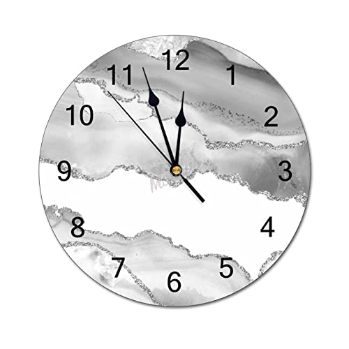 Modern Round Wall Clock Grey White Marble Agate Simple Silver Sparkle Pvc Wall Clocks For Kitchen, Office, Retro Hanging Clock, 12 Inches #TOP5