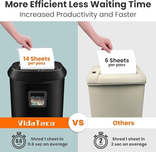 Image of VidaTeco 14-Sheet Cross-Cut Paper Shredder, 25L Bin, P-3 | Shreds Paper, Cards, Staples & Clips, Jam-proof System, Home Office Shredder Equipped with Liftout Waste Basket
