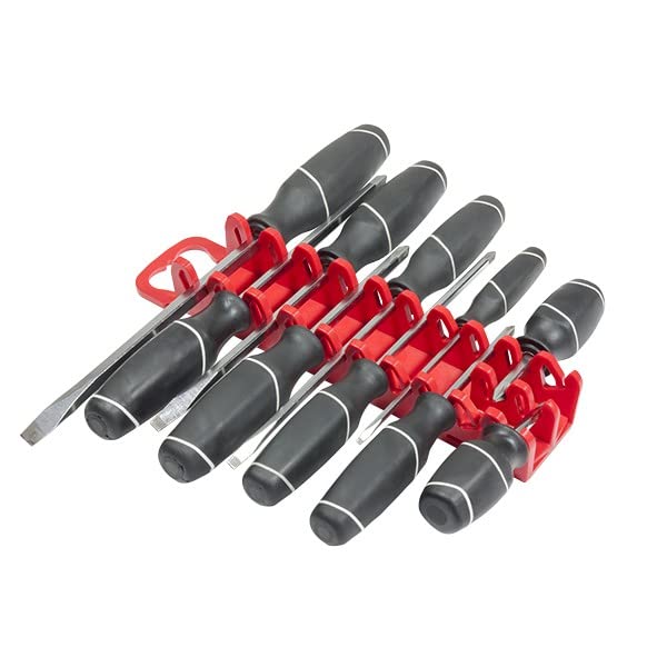 Image of Ernst Manufacturing 10-Tool Screwdriver Gripper - Screwdriver Holder in Vibrant Red (Model 5310) with Handle for Portable or Pegboard Storage Of Your Screwdriver Set
