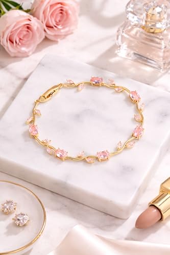Image of VIEN Gold Plated Pink Crystal Bracelet for Women Elegant Floral Tennis Bracelet Adjustable Lightweight Fashion Jewelry Gift for Girls Birthday Anniversary Wedding