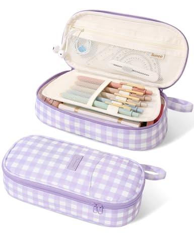 Image of SUNEE Cute Pencil Case, Large Colored Pencil Pouch, Aesthetic Pen Bag with Zipper, Kawaii Stationery Storage and Organizer, School Supplies for Teen and Adult, Boys & Girls, Purple Checkered