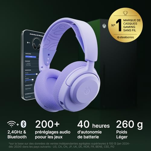 SteelSeries Casque Arctis Nova 3X Wireless - Appli Mobile Companion - Batterie 40h - Haut-parleurs magnétiques en néodyme - 2,4 GHz/Bluetooth - Micro détachable - Xbox, PS5, PC, Switch,Mobile -Lavande