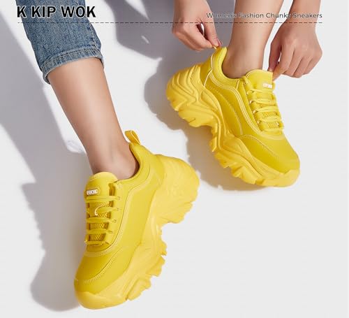Image of K KIP WOK Chunky Sneakers for Women Fashion Platform White Leather Casual Dad Shoes Comfortable Wedge Walking Sport Sneakers