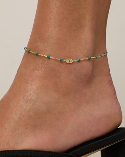 Image of PAVOI 14K Gold Plated Anklet for Women - Trendy Link Chain Ankle Bracelet Summer Jewelry - Boho Dainty Anklets with Cubic Zirconia, Beaded, Evil Eye, Star, Station, Pearls Adjustable Gold Jewelry