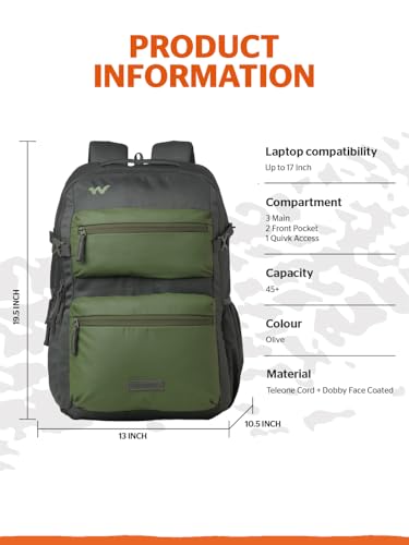 Image of Wildcraft Ranger 45+ Laptop Backpack With RainCover for Man & Women, 45L Ideal bags for men Office use /School /College Boys and Girls, 3 Compartment Bag