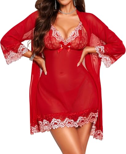 RSLOVE Sexy Dessous für Damen Spitzen-Babydoll mit Morgenmantel Nachtkleid Nachtwäsche Rot Weiß L