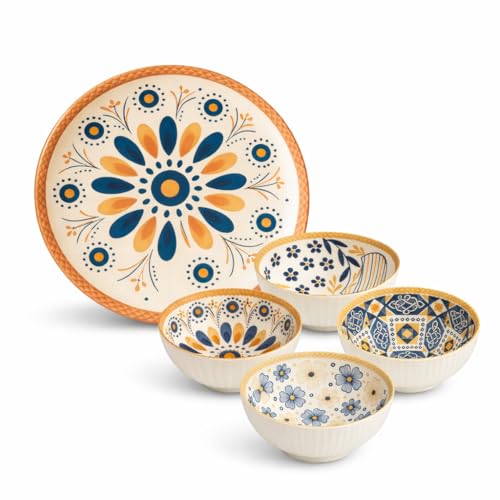 Image of Yelona Ceramic Dinner Set of 5 (1 Plate & 4 Bowls) for Snacks, Rotis, Pasta, Salads & Everyday Meals - Handcrafted Porcelain with Floral Design | Microwave & Dishwasher Safe Dinnerware (Multicolour)