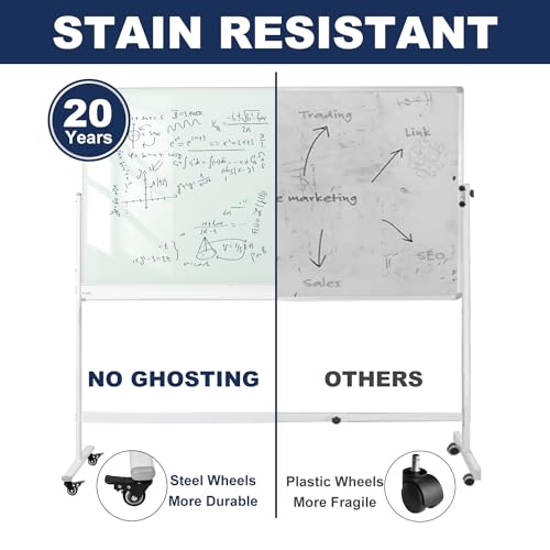 Image of TSJ-OFFICE Rolling Glass Whiteboard on Wheels - 48 inch x 32 inch Magnetic Mobile Dry Erase Board with Stand, Large Rolling White Board with 25 Sheets Paper Pad, Transparent Tempered Glass Board Office, Home
