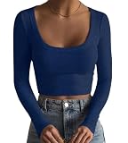 Artfish Women's Square Neck Long Sleeve Ribbed Slim Fitted Casual Basic Crop Top (Navy Blue, M)