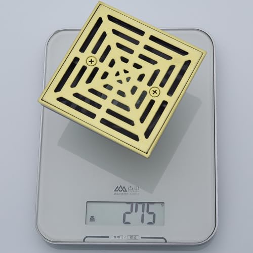 RANDOM Brushed Gold Shower Drain 4 inch Square Shower Drain with Adjustable PVC Base Flange,SUS304 Stainless Steel Shower Floor Drain with Removable Cover Grid Grate - Thumbnail 6