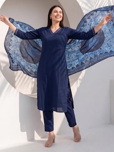 Image of INDO ERA Women's Pure Cotton Solid Solid kurta & Pant with Dupatta Set | Cotton Kurta Set For Woman