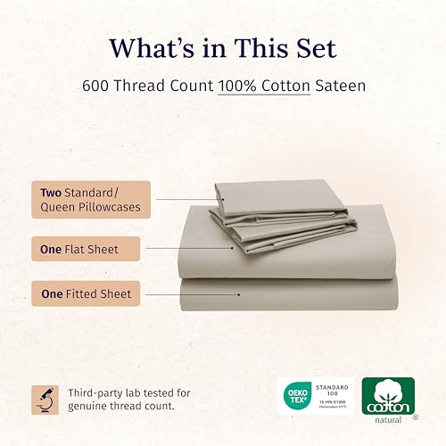 California Design Den Hotel Quality Full Size Bed Sheets Set - Luxury 600 Thread Count Sateen, Natural 100% Cotton Sheets, Fully Elasticized Deep Pockets, Crisp, Cool and Durable Bed Set - Soft Linen