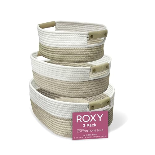 Roxy Storage Basket Set, Large Cotton Rope Storage Baskets for Shelves, Baskets for Organizing with Leather Handles, Eco-Friendly Soft Durable Woven Bin Set (3 Nested Sizes)