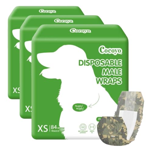 Image of COCOYO Disposable Male Dog Wraps, Extra Small Size, 84 Count, Super Absorbent, Breathable, Wetness Indicator (Pack of 3)