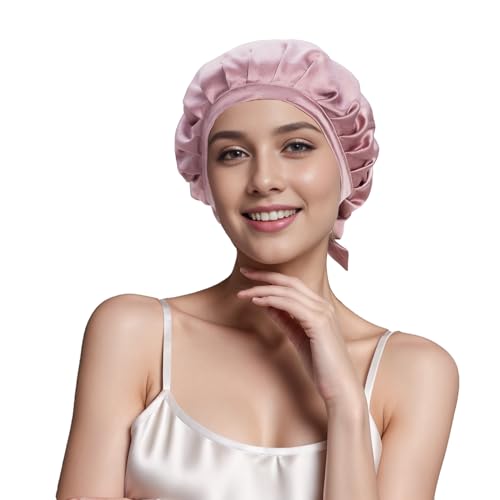 Cocheng 100% Mulberry Silk Bonnet Double-Sided Sleep Cap with Adjustable Ribbon 19 Momme Silk Bonnet for Sleeping (Bean Pink)
