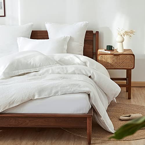 Simple&Opulence 100% Linen Duvet Cover Set With Washed-French Flax-3 Pieces Solid Color Basic Style Bedding Set-Breathable Soft Comforter Cover With 2 Pillowshams(King,White) #TOP5