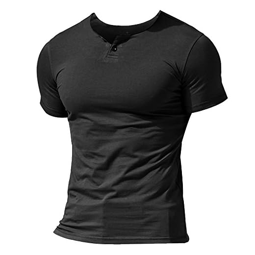 Muscle Alive Mens Summer Casual Short Sleeve Henleys T-Shirt Single Button Placket Plain v Neck Shirts Black Color Size L
