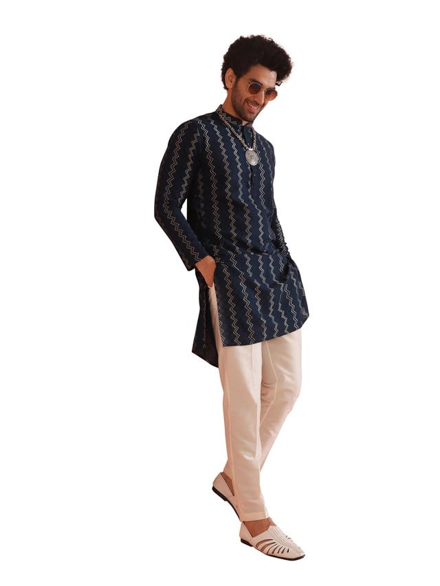 kisah Men's Kurta Trouser Set, Navy Blue Cotton Blend, Embroidered Regular Fit Mandarin Collar Long Sleeves-picture-36