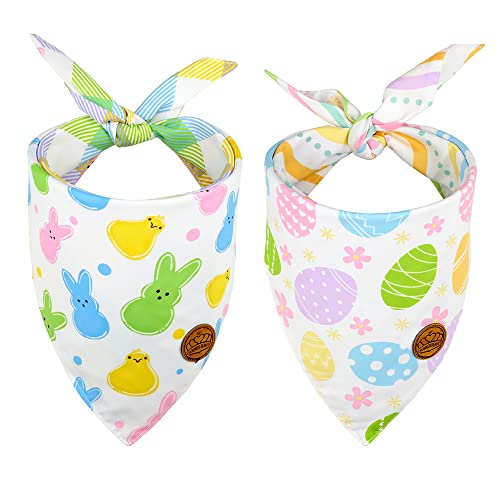 Crowned Beauty Easter Dog Bandanas Large 2 Pack, Colorful Bunnies Eggs Set, Floral Stripe Adjustable Triangle Holiday Plaid Reversible Scarves for Medium Large Extra Large Dogs Pets