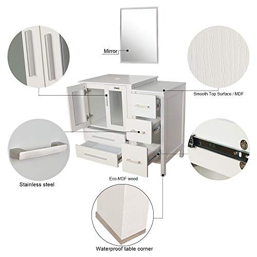 White Bathroom Vanity,48 Inch Vanity Top With Sink, Tempered Glass Blue Round Vessel Sink Faucet Orb Bathroom Bowl With Pop Up Drain,2 Small Side Cabinet Removable Mdf Board,Mirror Included #TOP2