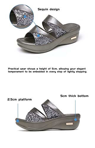 pearlzone Women's Summer Rhinestones Slip on Fish Mouth Wedges Beach Open Toe Slippers,Fashion Sexy Sequined Sandals3