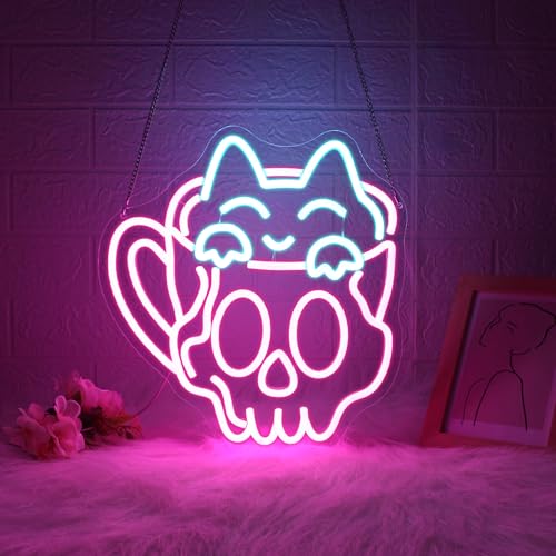 Image of Neon Sign, JGHTURIE Cup Neon Signs for Wall Decor Funny Skull Cat Light Up Sign USB Powered Pink Led Signs for Man Cave Business Coffee Cafe Shop Bakery Hotel Store