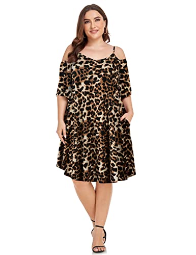Overworety Women's Plus Size Summer T Shirt Dress Cold Shoulder Bell Sleeve Animal Print Tunic Dresses With Pockets(Leopard Yellow,1X) #TOP2