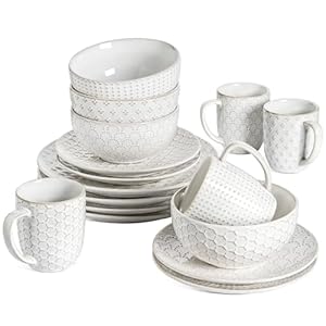 LE TAUCI 16 Piece Dinnerware Set, Arctic White, Stoneware Plates and Bowls With Mugs, Ideal for 4, Serve for 4, Stackable, Lead and Cadmium Free