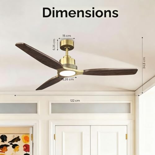 Parrot Uncle Ventilateur de Plafond avec éclairage 122cm, Cct Modulable 3000/4000/6000k, Moteur DC Silencieux 35w, 6 Vitesses, Fonction été-Hiver, Télécommande, Pales en Bois Massif four Chambre Salon – vue 2