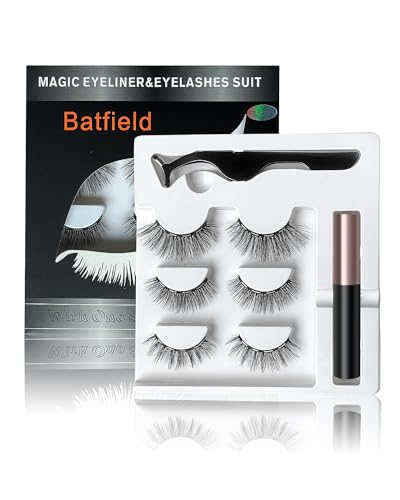Image of Batfield 3 Pairs Magnetic False Eyelashes - Reusable Fake Eyelashes with Eyeliner and Tweezer - Artificial Eye Lashes for Women Natural Wispy(Style 4)