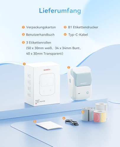 NIIMBOT B1 Etikettendrucker mit 3 Rollen Wasserfester Etiketten Selbstklebend, Tragbarer Beschriftungsgerät Bluetooth Label Printer Aufkleber Drucker für Schulbedarf, Barcode, Adresse, Blau