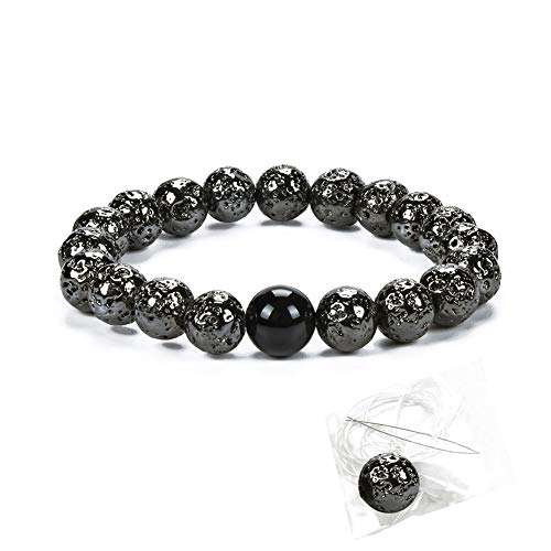 Morchic 10mm Bright Black Lava Rock Stone Anxiety Stretch Beaded Bracelet For Men Women, 8 Inches Big Wrist Comfortable Size