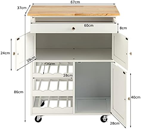 GiantexUK Kitchen Storage Trolley on Wheels, Rolling Serving Island Cart with Drawer and Wine Racks, Wooden Storage Display Cabinet for Dining Room Restaurant & Bar (Natural + White)