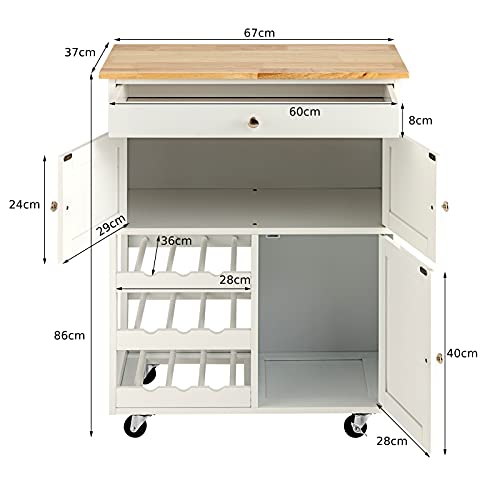 GiantexUK Kitchen Storage Trolley on Wheels, Rolling Serving Island Cart with Drawer and Wine Racks, Wooden Display Cabinet for Dining Room Restaurant & Bar (Natural + White) - Image 6