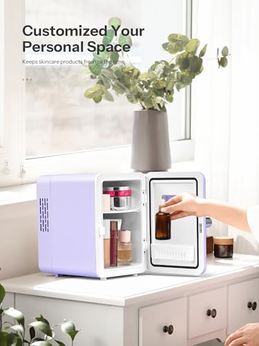 Reemix Mini Fridge, 4L/6 Cans Retro Portable Cooler For 120V Home & 12V DC Car Use, Skincare Fridge for Bedroom, Car, Office, Dorm (Purple)