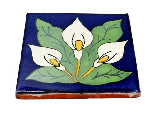 Las Olas Mexican Tile - 10 Hand-Painted Mexican Tiles 4X4 Talavera Tile - Pick Your Design - Ceramic Tile For Floor, Wall, Kitchen Backsplash, Bathroom, Shower, Patio, Garden, Pool (Calla Lily) #TOP4