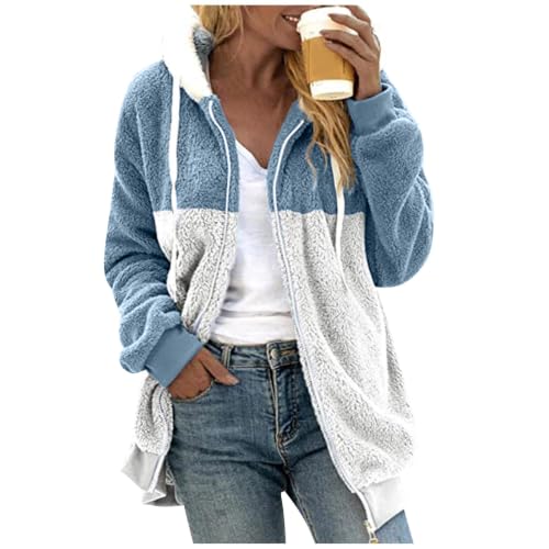 Women Sherpa Jacket Full Zip Color Block Oversized Y2k Hooded Fleece Jacket | Sherpa Fleece Jacket Women, Oversized Plus Size, Fuzzy Y2k Shirt Jacket, Cute Plush Fluffy, Hooded, Warm Outerwear