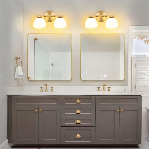 Image of Modern 2 Light Bathroom Vanity Light Gold Vanity Light Bathroom Light Fixtures Over Mirror with Milk Glass Shade Bathroom Vanity Lighting Fixtures