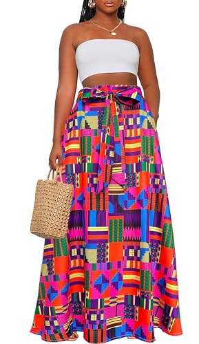 Afibi Womens Casual High Waist Tie Afican Print Long Maxi Skirt with Pockets