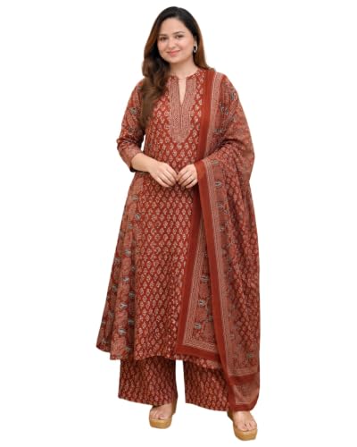 Image of GoSriKi Kurta Sets for Women Viscose Blend Printed | Kurti Set for Woman | Kurta Palazzo Dupatta Set | A Line Kurti | Mandarin Collar 3 /4 Sleeve Suit Set for Women Stylish Ethnic Outfit